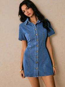 Poéselle 女式短袖单排扣休闲牛仔连衣裙 - 中等水洗藍 - 查看 2