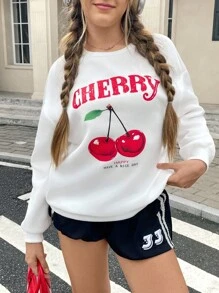 SHEIN Simple & Versatile Cherry Print Loose Fit Round Neck Thick Sweatshirt For Teen Girls, Suitable For Autumn And Winter - White - View 1