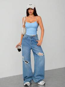 SHEIN PETITE Áo ba lỗ hở ngực bó sát cổ tròn thoáng khí cơ bản màu trắng dành cho nữ - Màu xanh nhạt - Xem 3