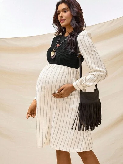 Boho Mama Vestido de maternidad de manga larga con parches y unicolor