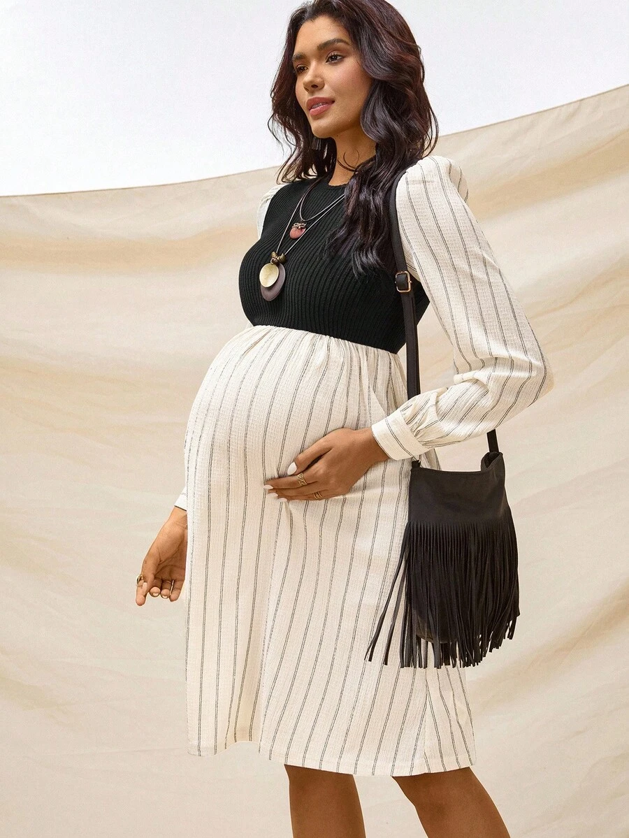 Boho Mama 孕妇装拼接纯色长袖连衣裙 - 黑色 - 查看 1