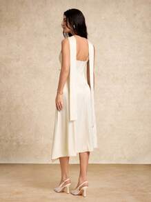 House of One Sleeveless Asymmetrical Cape Scarf Satin Dress Women Elegant Casual Summer Autumn White Midi Dress White Satin Dress White Dress For Women