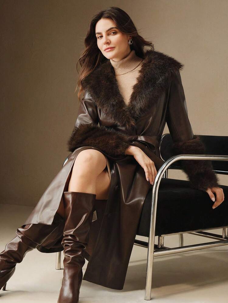 女性用 秋冬スタイリッシュブラウンPUレザー中丈フェイクファーカラーコート、アウターウェア
