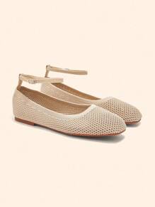 CUCCOO BASICS Cómodos mocasines planos de tela de malla color albaricoque con punta cuadrada, para mujer