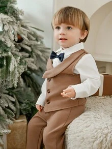 SHEIN 3pcs Baby Boys Gentleman Style Outfit,White Shirt,Khaki Vest & Pants,Formal,Summer,Birthday,Brown And White Polka Dot,Wedding Suit,Infant Formal Wear - Khaki - View 1