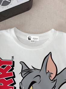 TOM & JERRY X SHEIN Young Boy Summer Casual Street Cartoon & Letter Graphic Short Sleeve T-Shirt - White - View 4
