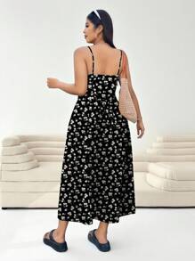SHEIN EZwear Váy dài giản dị tối giản đa năng dành cho nữ với họa tiết hoa nhỏ, dây đeo mảnh có thể điều chỉnh, buộc lại, viền chữ A, khóa kéo ẩn, cỡ lớn, phù hợp cho các buổi đi chơi mùa xuân/hè - Nhiều màu - Xem 2