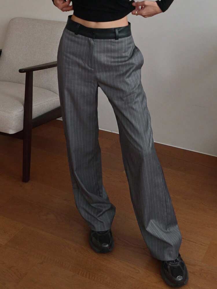 Women's PU Patchwork Striped Loose Straight Leg Pants