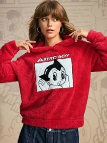 Astro Boy X SHEIN Women's Cartoon Figure Graphic Hooded Long Sleeve Teddy Pullover Sweatshirt - Red - View 3