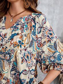 EMERY ROSE Plus Size Casual Vacation All-Over Print Notched Neck Dress Autumn, Fall Women's Dress Plus Size Boho Dress Plus Size Paisley Dress - Apricot - View 6