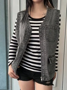 FRIFUL 女式休闲水洗无袖牛仔上衣 - 灰色 - 查看 5