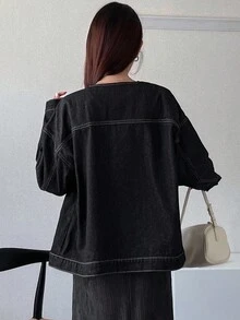 FRIFUL 女士休闲百搭落肩宽松牛仔夹克黑色牛仔夹克超大牛仔夹克牛仔夹克女式加大码牛仔夹克女式黑色牛仔夹克 - 黑色 - 查看 5