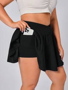 Flexra Plus Size Casual Solid Color Skirt, Summer - Black - View 5