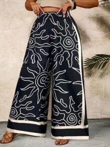SHEIN VCAY Pantalon large à imprimé floral croquis noir et blanc avec poches et taille élastique pour femmes grandes tailles. Pantalon large femme, pantalon bohème pour femme, pantalon large imprimé, pantalon imprimé soleil, pantalon ample, pantalon large femme, tenue de plage et de resort pour femme, pantalon bohème Ibiza - Noir et Blanc - Voir 3
