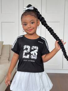 2pcs Young Girl Knitted Numeric Pattern V-Neck T-Shirt And Ruffle Hem Skirt Set - Blue - View 4