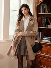 SHEIN MOD 秋冬休闲时尚百搭通勤简约长袖系带女式风衣 - 卡其色 - 查看 3