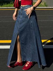 DAZY Women's Casual A-Line Denim Skirt With Pockets And Side Slit