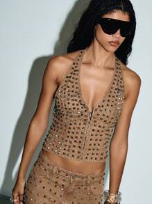 KIZN صدرية جينز على الطراز الغربي مزينة بمسامير معدنية، موضة ملهم من الطراز الرجعي والبوهيمي الجذاب، بتصميم صدارة كورسيه مع سحاب أمامي، ملائم للاستخدام في الحفلات والمهرجانات في الصحراء