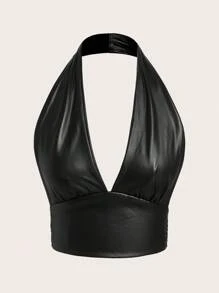 SHEIN EZwear Dam casual sexig rygglös tight halterneck linne, mångsidig, PU-material - Svart - Visa 2