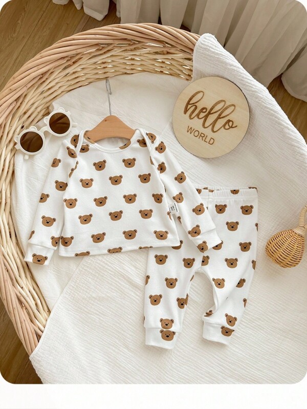 SHEIN Newborn Baby Girl Baby Boy Cute Casual Cartoon Print Long Sleeve Top And Elastic Waist Pants Pajama Set,Halloween Fall Winter