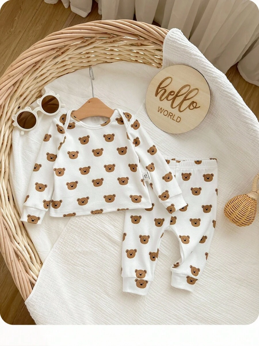 SHEIN Newborn Baby Girl Baby Boy Cute Casual Cartoon Print Long Sleeve Top And Elastic Waist Pants Pajama Set,Halloween Fall Winter - Multicolor - View 1