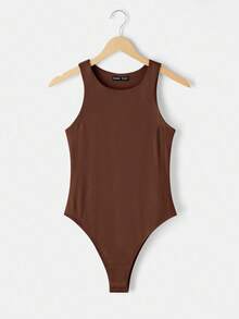 SHEIN BASICS Bộ 3 áo liền quần dệt kim màu trơn không tay cổ tròn thoải mái cho nữ - màu nâu - Xem 4