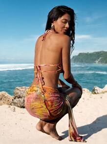 Opulessa Set di top con schiena scoperta e gonna avvolgente con stampa artistica, outfit sexy da spiaggia e festa - Multicolore - Visualizzare 2