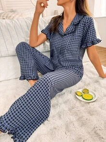 CoupledUp Multicolor Checkered Long Pant Pajama Set With Pockets And Ruffled Short Sleeves  Cozy And Elegant Details - Multicolor - View 5
