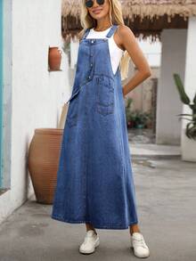 EMERY ROSE 女式纽扣半襟口袋休闲牛仔背带裙