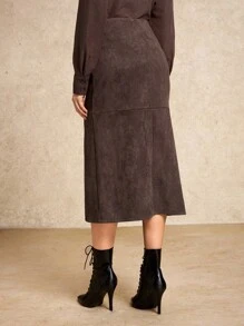 House of One Solid Brown Suede High-Waist Pencil Midi Skirt Women Elegant Old Money Office Fall Women Clothes Casual Spring Fall Fall Outfits Business Professional Women Business Casual Woman