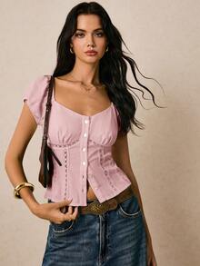Poéselle Women's Sweetheart Collar Single-Breasted Raglan Sleeve Fashion Blouse - Pink - View 6