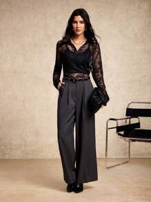 House of One Collared Long Sleeves Transparent Black Lace Shirt Top Women Casual Elegant Party Autumn Lace Blouse