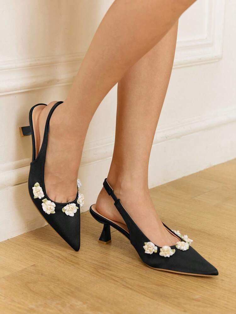 CUCCOO HITCHD Black Mesh Floral Pointed Toe Stiletto Heel Mid-Heel Gothic Alluring Elegant Dark Satin Backless Pumps For Women, Suitable For Banquet, Evening Party, Ball