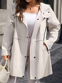 EMERY ROSE Plus Size Women's Solid Color Long Sleeve Single-Breasted Casual Hooded Trench Coat, Casual Minimalist Style For Everyday Wear,Going Out, Hooded Long Coat For Women, Women Trench Coat With Hood,Fall Clothes For Women