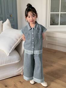 DAZY 2件套少女蕾丝拼接韩版牛仔衬衫和宽松牛仔短裤套装 - 中等水洗藍 - 查看 8