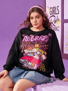 Nick 90s | SHEIN Plus Size Women's Summer Fall Autumn Y2k Cleanfit Atry Chic Cute Retro Vintage Casual Alternative Back To School Clothes Kawaii  Streetwear Loose Black Black Cartoon Pattern Crew Neck Sweatshirt Winter