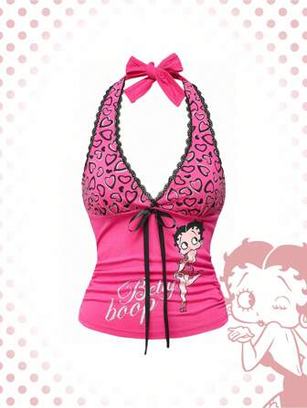 Betty Boop | ROMWE Camiseta sin tirantes de estilo dama con estampado de leopardo, cuello halter, detalles de encaje y figura de dibujo animado en diseño Y2K