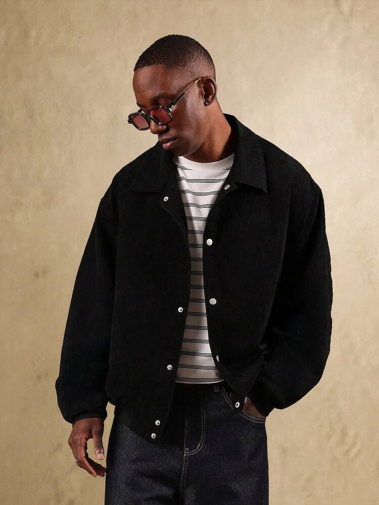 Corduroy Harrington Jacket With Ribbed Trim And Button Front