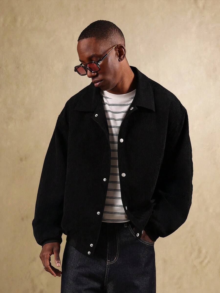 SUMWON Áo khoác Harrington nhung cổ điển Áo khoác ngoài cao cấp Thu Đông Phong cách cổ điển Trang phục thường ngày Phong cách đô thị lấy cảm hứng từ cổ điển Nút cài phía trước Viền gân - màu đen - Xem 1