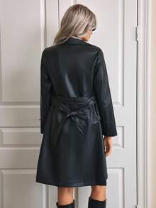 EMERY ROSE Lapel Collar Belted PU Trench Coat - Black - View 2
