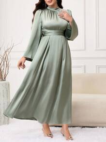 Modelyn Plus Size Women's Solid Color Stand Collar Flare Sleeve Ruched Elegant Dress - Green - View 2