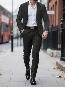 Manfinity Bizformal 男士纯色翻领长袖夹克和裤子休闲西装套装，时尚 - 黑色 - 查看 1