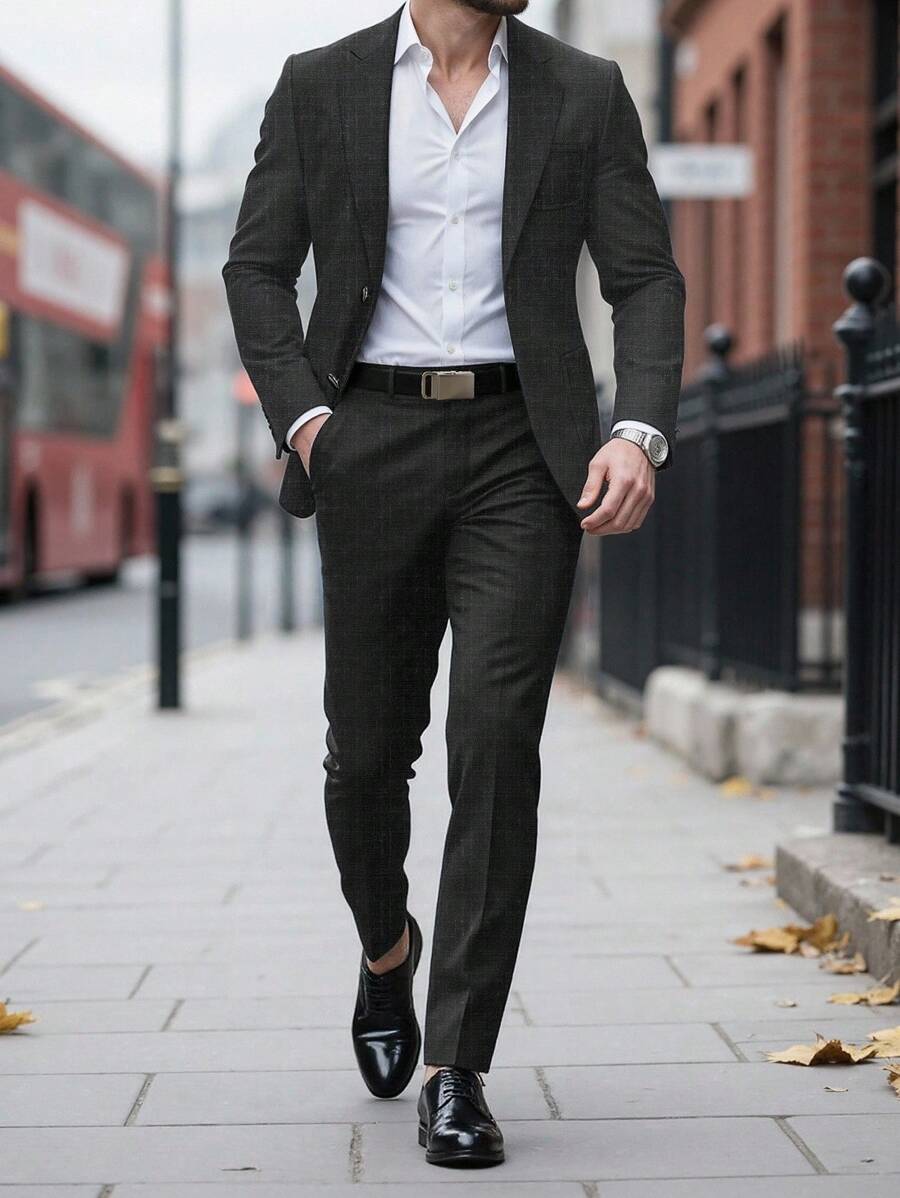 Manfinity Bizformal 男士纯色翻领长袖夹克和裤子休闲西装套装,时尚 - 黑色 - 查看 1