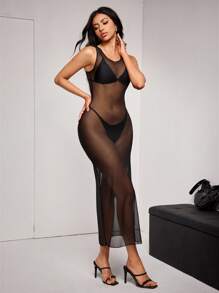 SuitURBody Camisón sexy de mujer con cuello redondo, sin mangas, de malla y unicolor, body con babydoll para salir