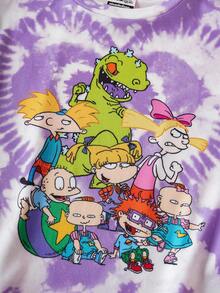 Nick 90s | SHEIN Young Girl Cute Cartoon Figure Graphic Purple Tie-Dye Heart Print Round Neck Loose Knit Short Sleeve T-Shirt - Multicolor - View 5