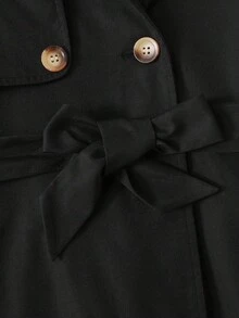 SHEIN 青少年女孩编织休闲百搭时尚纽扣领腰带蝴蝶结口袋宽松长款风衣，休闲军事风格，通勤和户外，返校，秋冬母子搭配，秋季服装，冬季服装