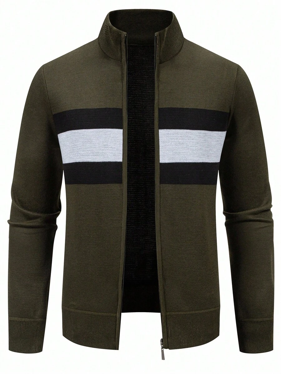 Manfinity Homme Men's Autumn/Winter Long Sleeve Cable Pattern Zip-Up Casual Knit Cardigan, Fall Winter - Army Green - View 1