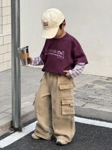 SHEIN Young Boys Fall/Winter Vintage Urban Street Cool Style Vintage Distressed Casual Basic Everyday Style Khaki Denim Multiple Pockets Split Design Loose Fit Cargo Pants,For Kids Fall/Winter Clothes,Boys Back-To-School Clothes,Boys Streetwear Outfits,Boys Homecoming Outfits