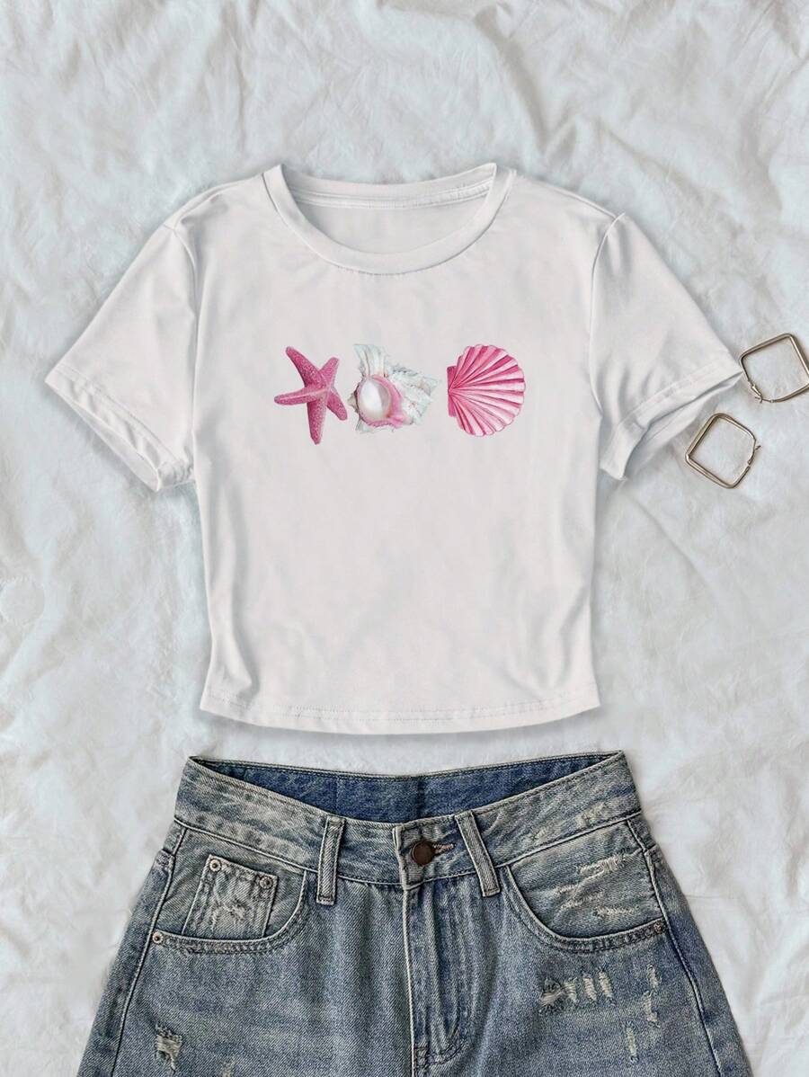 女士休闲海星、贝壳、贝壳印花短袖短款 T 恤，适合夏季度假 - 白色 - 查看 1