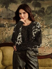 Anewsta Áo len dệt kim cổ tròn tay dài họa tiết da báo đính đá lấp lánh cho nữ - Nhiều màu - Xem 4